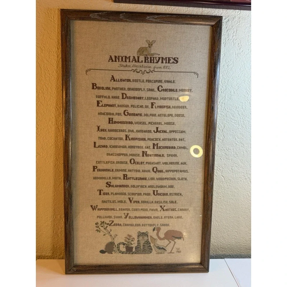 Framed Animal Rhymes Cross Stitch Sampler Reproduction 17.5x28 Finished Wall Art